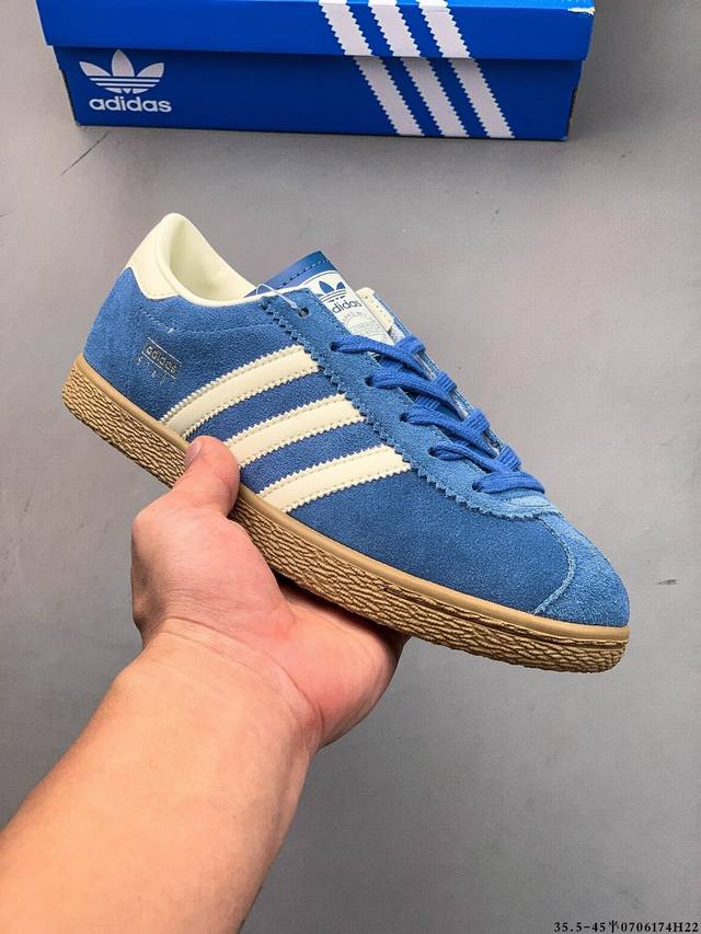 阿迪达斯Adidas Stadt经典麂皮薄底运动板鞋 T头鞋 皮革和绒面革经典运动鞋以典藏足球鞋为灵感这款Stadt经典运动鞋植根足球传统，以别致皮革鞋面和绒面