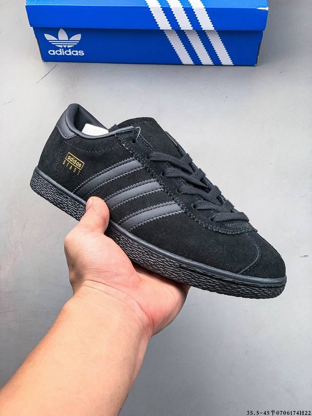 阿迪达斯Adidas Stadt经典麂皮薄底运动板鞋 T头鞋 皮革和绒面革经典运动鞋以典藏足球鞋为灵感这款Stadt经典运动鞋植根足球传统，以别致皮革鞋面和绒面