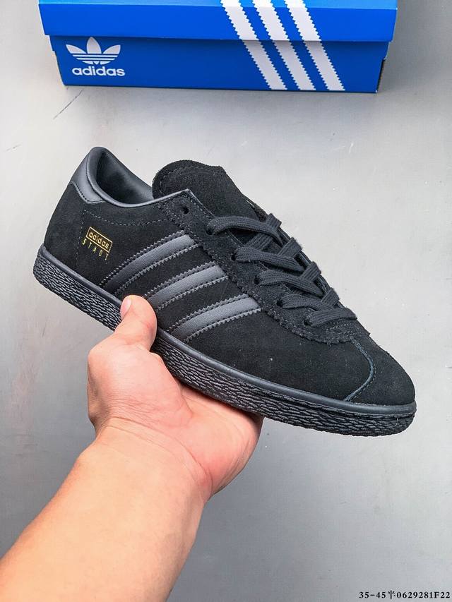 阿迪达斯Adidas Stadt经典麂皮薄底运动板鞋 T头鞋 皮革和绒面革经典运动鞋以典藏足球鞋为灵感这款Stadt经典运动鞋植根足球传统，以别致皮革鞋面和绒面