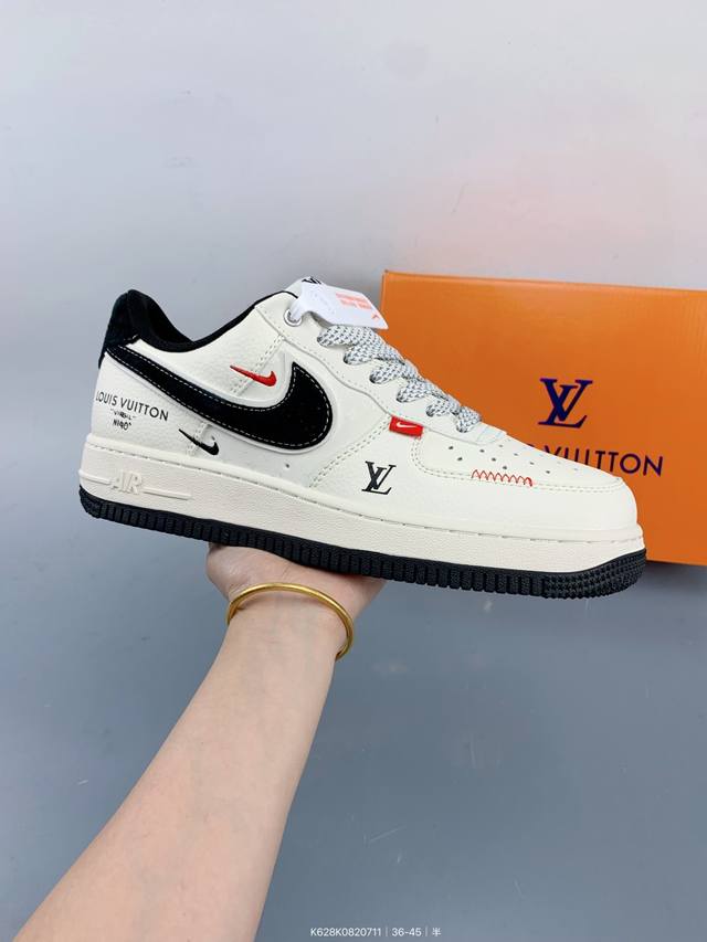 公司级Nike Air Force 1 '07 Low “Lv联名 米黑勾红标”空军一号 低帮 运动鞋 休闲鞋 折边针车 工艺难度大 原楦头原纸板 原装鞋盒 定