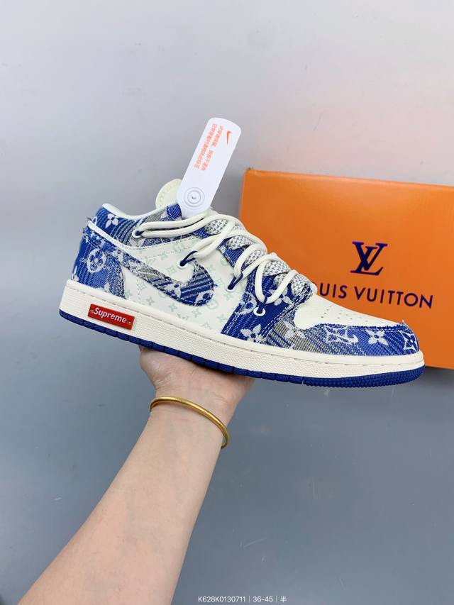 Nike Jordan Air Jordan 1“Lv联名 蓝花布抽绳” 高端定制 低帮 复古 减震 防滑 耐磨 篮球鞋 定制鞋盒 大厂纯原品质出货 超高清洁度