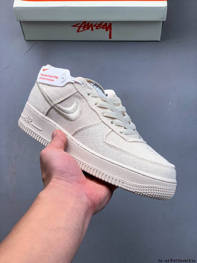 真标半码！美国元祖街头潮牌Stussy斯图西 X Air Force 1 '07 Low Black Cool 麻布电绣钩子 空军低帮经典百搭休闲运动鞋 071