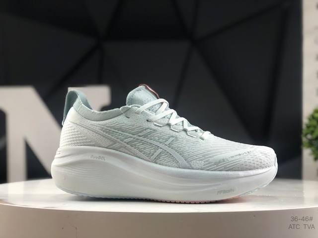 亚瑟士 Asics Gel-Nimbus 27 亚瑟士夏季网面跑步鞋鞋面采用双层提花网面设计，提高包裹性和透气性，后跟搭载稳定系统科技T-Gel提升整体支撑力和