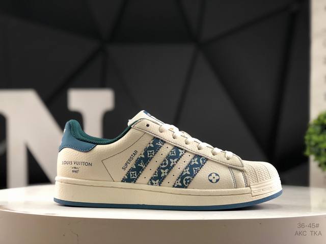 阿迪达斯 海外爆款限量发售！高端定制贝壳头阿迪Adidas Originals Superstar “路易威登Lv联名---米白深绿色”高端定制 低帮休闲板鞋
