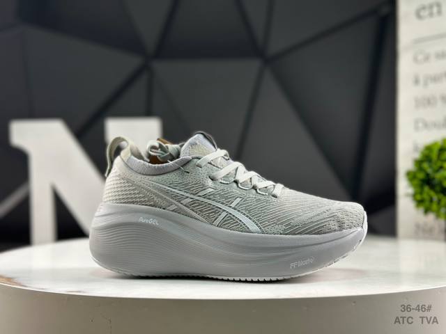 亚瑟士 Asics Gel-Nimbus 27 亚瑟士夏季网面跑步鞋鞋面采用双层提花网面设计，提高包裹性和透气性，后跟搭载稳定系统科技T-Gel提升整体支撑力和