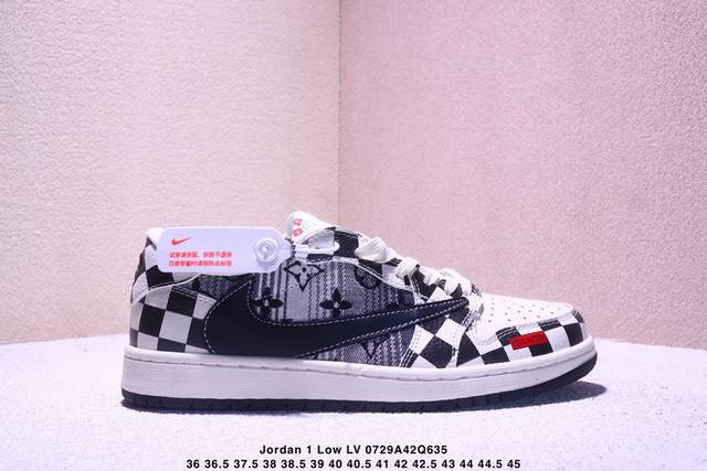 高端定制 Travis Scott X Jordan 1 Low Lv联名-黑白格牛仔 倒勾低帮休闲版本 原厂全头层皮 大厂纯原品质出货 纯正版型 定制鞋盒 皮