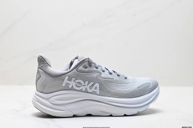 公司级Hoka M Clifton 10 轻量低帮户外越野跑鞋 户外山脉越野轻量运动跑鞋 鞋面用轻的无缝架构 鞋带用了弹性不易松脱的扁宽弹性鞋带 轻薄的Tpu贴