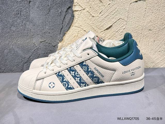 新品上市实拍 端定制贝壳头阿迪Adidas Originals Superstar “路易威登Lv联名---米白深绿色”高端定制 低帮休闲板鞋 定制鞋盒 大厂纯
