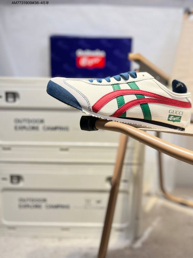 定制款# 古驰X Onitsuka Tiger Mexico 66 Sd 鬼冢虎 墨西哥升级版系列低帮复古经典虎爪百搭休闲皮革慢跑鞋 采用软质粒面牛剖革组合翻毛