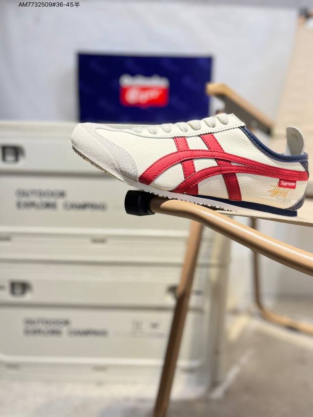 定制款# 斯图西 X Onitsuka Tiger Mexico 66 Sd 鬼冢虎 墨西哥升级版系列低帮复古经典虎爪百搭休闲皮革慢跑鞋 采用软质粒面牛剖革组合