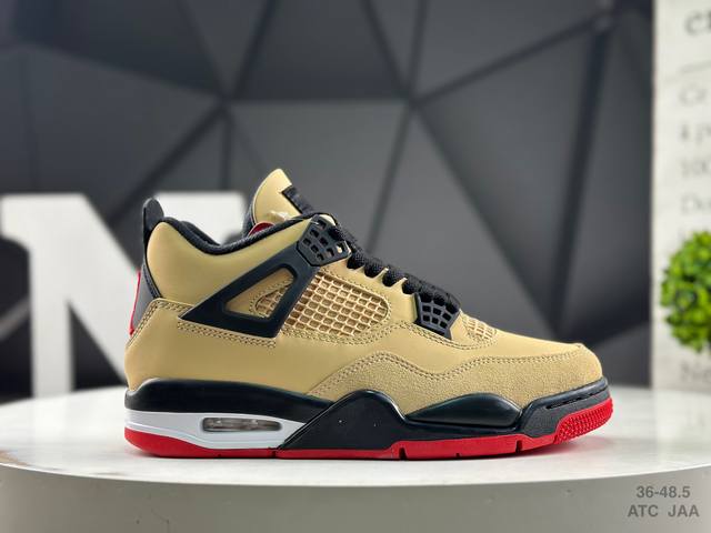 Air Jordan 4 Retro 沙漠黄黑红 迈克尔 乔丹Aj4代中帮复古休闲运动文化篮球鞋 原厂材料Tpu超Q弹网格材质 缜密拉帮及中底钢印细节 组合开窗