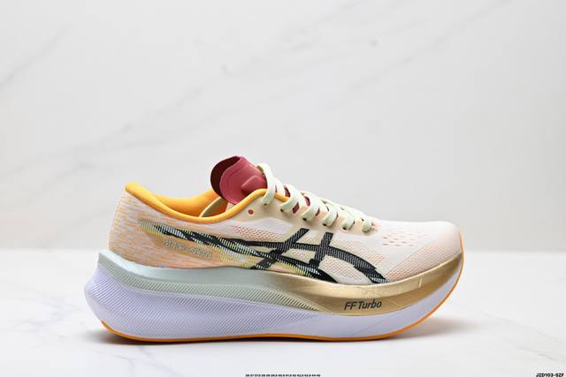 公司级Asics 亚瑟士Magic Speed 4稳定跑鞋鞋面 采用双层提花网面设计 提高包裹性和透气性 后跟搭载稳定系统科技T-Gel提升整体支撑力和结构感