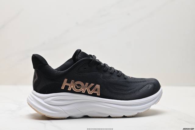 公司级Hoka M Clifton 10 轻量低帮户外越野跑鞋 户外山脉越野轻量运动跑鞋 鞋面用轻的无缝架构 鞋带用了弹性不易松脱的扁宽弹性鞋带 轻薄的Tpu贴