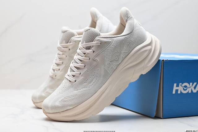 公司级Hoka M Clifton 10 轻量低帮户外越野跑鞋 户外山脉越野轻量运动跑鞋 鞋面用轻的无缝架构 鞋带用了弹性不易松脱的扁宽弹性鞋带 轻薄的Tpu贴