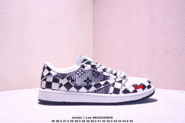 高端定制 Travis Scott X Jordan 1 Low Lv联名-黑白格牛仔 倒勾低帮休闲版本 原厂全头层皮 大厂纯原品质出货 纯正版型 定制鞋盒 皮