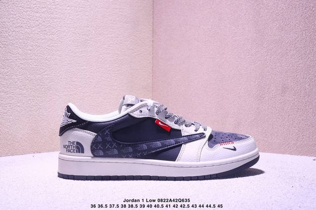 高端定制 Travis Scott X Jordan 1 Low “北面联名 印花米黑织标” 乔丹倒勾低帮休闲板鞋 原厂全头层皮 大厂纯原品质出货 纯正版型 定