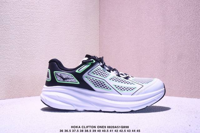 公司级Hoka M Clifton One9 轻量低帮户外越野跑鞋 户外山脉越野轻量运动跑鞋 鞋面用轻的无缝架构 鞋带用了弹性不易松脱的扁宽弹性鞋带 轻薄的Tp