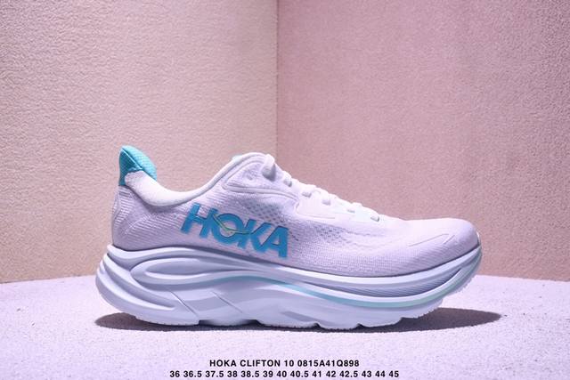 公司级Hoka M Clifton 10 轻量低帮户外越野跑鞋 户外山脉越野轻量运动跑鞋 鞋面用轻的无缝架构 鞋带用了弹性不易松脱的扁宽弹性鞋带 轻薄的Tpu贴