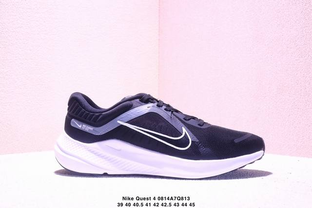 真标Nike Quest 4极速4代网面透气 时尚休闲跑步鞋 简约高科技设计采用多层材料，为双足带来凉爽感受和稳固体验时尚鞋面搭配中足包覆设计，提供稳固贴合感。