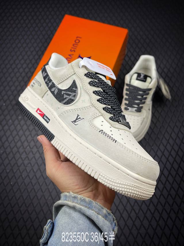 C 海外爆款限量发售！公司级Nike Air Force 1 '07 Low “Lv联名 猪八米白黑”空军一号 低帮 运动鞋 休闲鞋 折边针车 工艺难度大 原楦