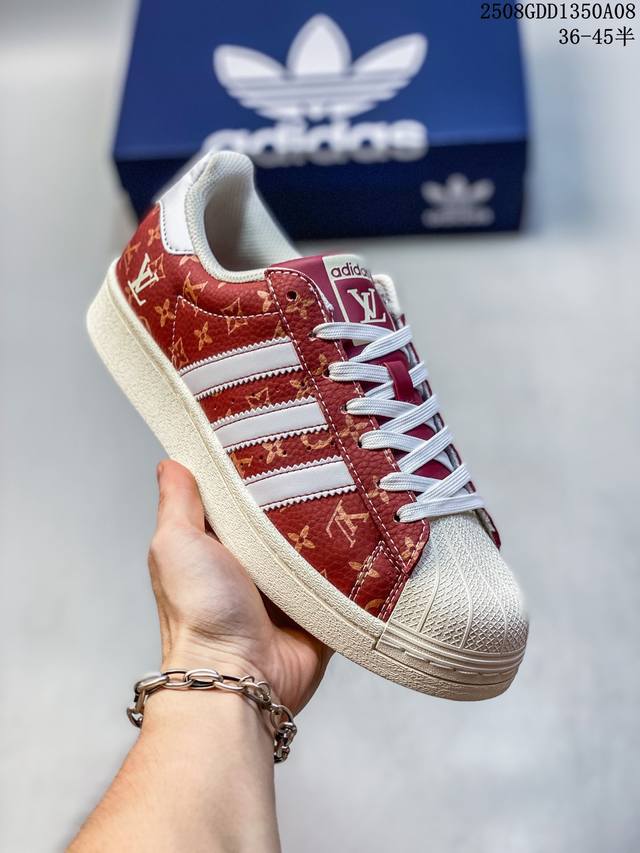 海外爆款限量发售！高端定制Adidas贝壳头 “Lv路易威登联名-酒红米白”Lv印花效果 高端定制 低帮休闲板鞋 定制鞋盒 大厂纯原品质出货 超高清洁度 皮料切