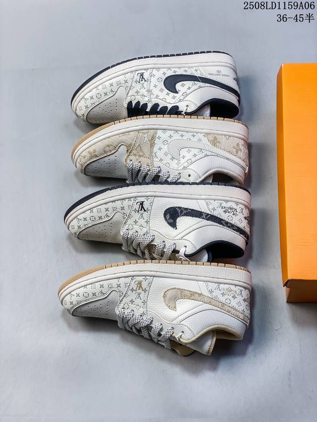 海外爆款限量发售！公司级 Nike Jordan Air Jordan 1“Lv联名 印花卡其” 高端定制 低帮 复古 减震 防滑 耐磨 篮球鞋 定制鞋盒 大厂