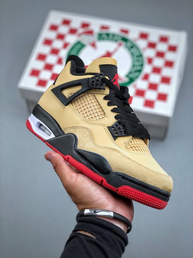 Air Jordan 4 Retro 沙漠黄黑红 迈克尔 乔丹Aj4代中帮复古休闲运动文化篮球鞋原厂材料Tpu超Q弹网格材质 缜密拉帮及中底钢印细节 组合开窗式