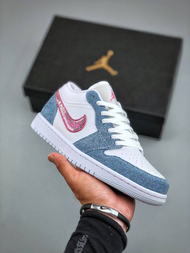 Air Jordan 1 Low Aj1 乔1牛仔蓝粉亮片 低帮文化休闲板鞋 Hq2001 400 市场唯一独家头层皮打造 原鞋原档案开发 原厂皮料 原档冲孔鞋