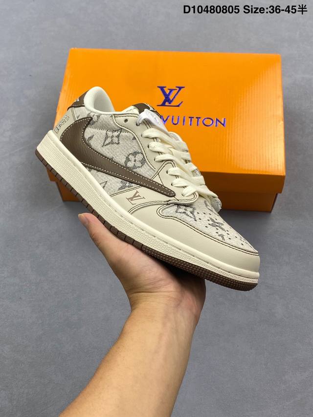 Ts X Air Jordan X Louis Vuitton Aj1 Low 倒钩低帮Lv联名-米白灰蛇纹 定制配色 原厂内置气垫魔块 A模大底 头层小牛皮