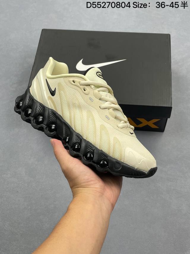 耐克Nike Nk Air Max Dn8 气垫跑鞋 全新鞋款在同侧采用了圆柱仓式的设计，不仅有防滑耐磨性功能，还搭配了周围一圈柔软的泡棉材质，提供全新的复合脚