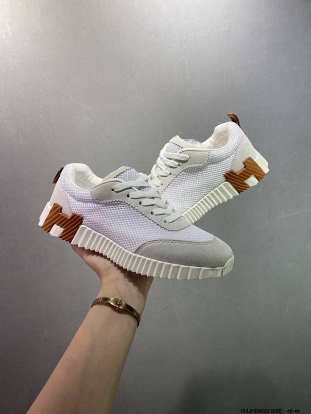法国奢侈品品牌 爱马仕 HermèS Bouncing Low Sneaker 跳跃系列低帮轻便透气百搭休闲运动鞋“皮革黑白底”H221898Zh01390 尺