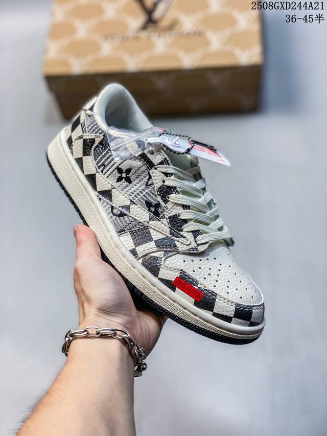 高端定制 Travis Scott X Jordan 1 Low Lv联名-黑白格牛仔 倒勾低帮休闲版本 原厂全头层皮 大厂纯原品质出货 纯正版型 定制鞋盒 皮