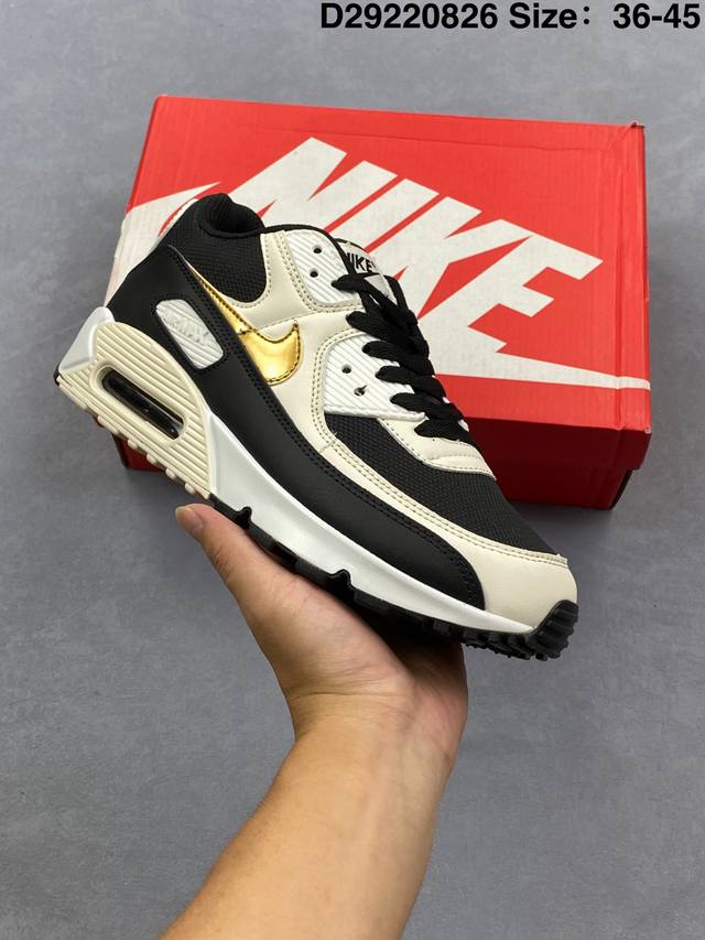 耐克Nike Air Max 90 经典复古小气垫缓震跑鞋 鞋面由皮和革织物打造，犀利的条线打造出酷劲十的足视觉效果 网布鞋增面强透气性，穿着为极舒适 经可典视