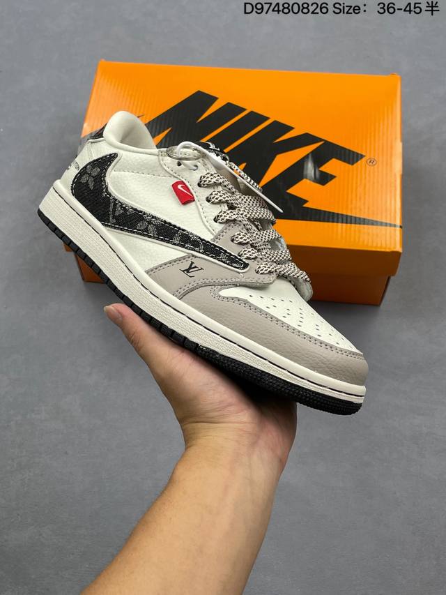 Ts X Air Jordan X Louis Vuitton Aj1 Low 倒钩低帮Lv联名-米白灰蛇纹 定制配色 原厂内置气垫魔块 A模大底 头层小牛皮