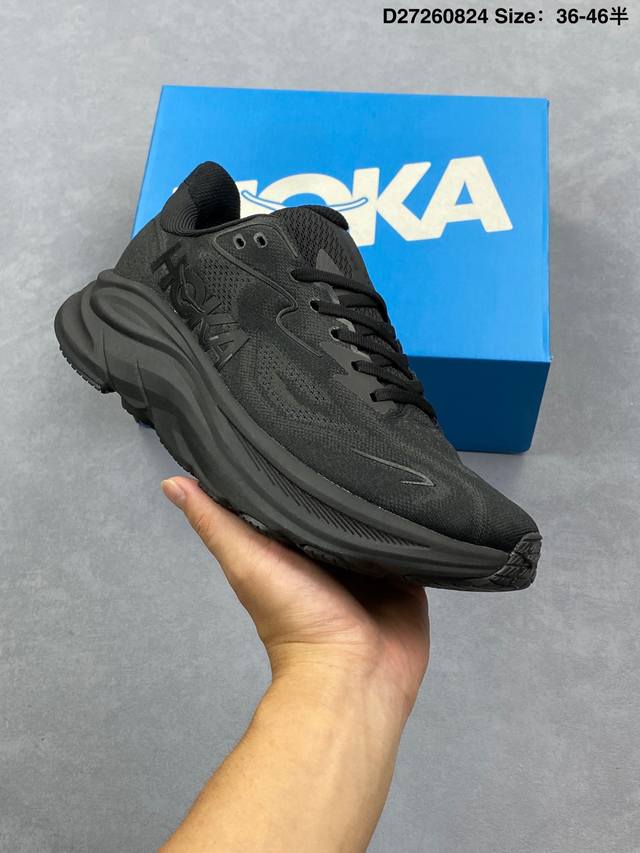 公司级Hoka M Clifton 10 轻量低帮户外越野跑鞋 户外山脉越野轻量运动跑鞋 鞋面用轻的无缝架构 鞋带用了弹性不易松脱的扁宽弹性鞋带 轻薄的Tpu贴