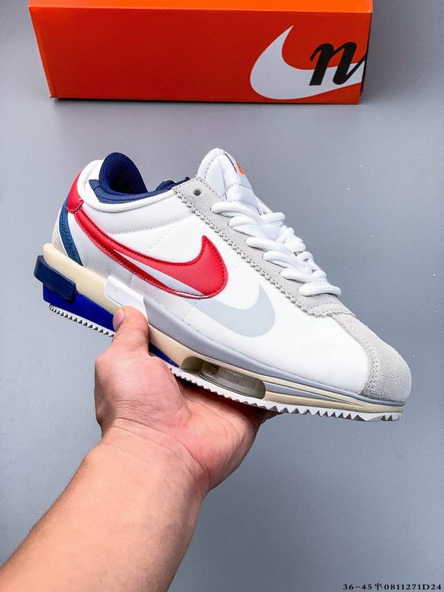 Sacai X Nk Zoom Cortez S 周年 联名款阿甘休闲跑步鞋 采用 Og 拼色设计，其他细节包括类似于先前 Ldwaffle、Blazer 和