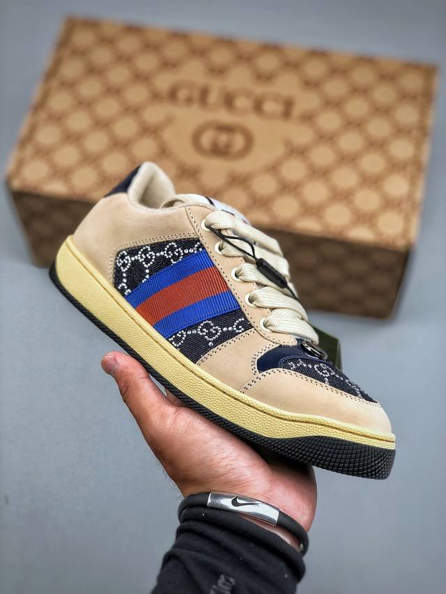 Gucci~~2025最新配色，烫钻小脏鞋 休闲鞋 运动鞋 Zp开发纯原版本；金属双G水晶圆柱形标；Gucci原版纹织带 鞋面擦色牛皮拼接经典双G布烫钻面料，皮