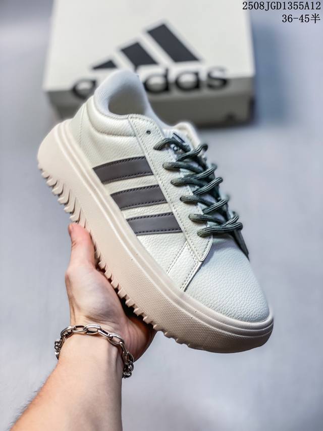 结算 Adidas Grand Court 防滑耐磨轻便低帮厚底鞋 三叶草休闲复古运动厚底鞋 官方一比一制作 经典侧面三道杠和鞋舌三道杠的标示彰显其身份 承载青