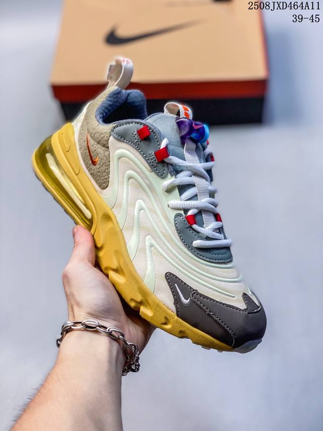 真标耐克Travis Scott X Nike React Air Max 270 React Cactus Jack 米黄 高桥盾系列 联名机能半气垫跑步鞋