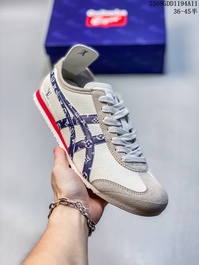 Onitsukatiger 鬼冢虎 -Lv联名 低帮运动休闲鞋藏蓝印花条纹配色 亚瑟士鬼冢虎复古经典板鞋经典传承及创新锐意，复古纹路、色泽、皮心颜色 质感百分百