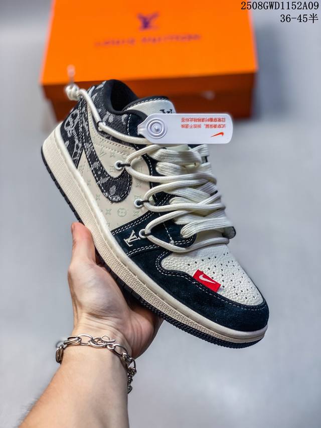 海外爆款限量发售！Nike Jordan Air Jordan 1“Lv联名 黑脚趾抽绳” 高端定制 低帮 复古 减震 防滑 耐磨 篮球鞋 定制鞋盒 大厂纯原品