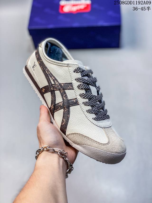 Onitsukatiger 鬼冢虎 -Lv联名 低帮运动休闲鞋 棕色撞色条纹配色 亚瑟士鬼冢虎复古经典板鞋经典传承及创新锐意，复古纹路、色泽、皮心颜色 质感百分