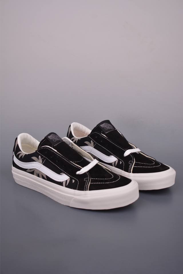 Vans Sk8-Low 黑色棕榈叶 范斯官方 防滑耐磨硫化帆布鞋 鞋款采用帆布与麂皮材质拼接而成 鞋面搭配棕榈叶图案 极具辨识度 上脚百搭不出错 尺码：35