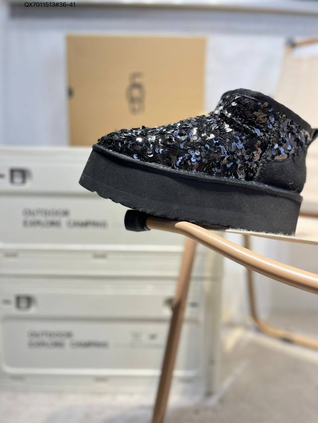 Ugg 厚底雪地靴 防水麂绒皮革鞋面 亮片 美国轻奢品牌Ugg W Neuel尼瓦尔系列秋冬新款防污系列包头平底休闲保暖毛毛舒适便鞋女厚底雪地靴6109 Qx7