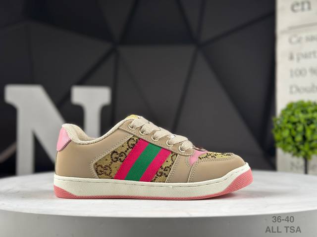 公司级Gucci Distressed Screener Sneaker 古驰小脏鞋系列 官方同步 绿盒版本 海淘代购指定专供经典原型复古百搭做旧小脏板鞋复古学