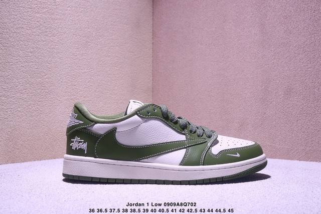 海外爆款限量发售！ Travis Scott X Jordan 1 Low “斯图西联名 米白青竹绿” 高端定制 乔丹倒勾低帮休闲板鞋 大厂纯原品质出货 纯正版