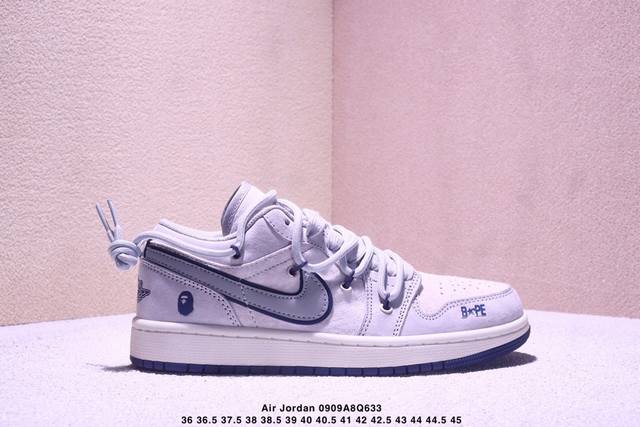 Nike Jordan Air Jordan 1“斯图西联名 灰蓝勾” 高端定制 低帮 复古 减震 防滑 耐磨 篮球鞋 定制鞋盒 大厂纯原品质出货 超高清洁度