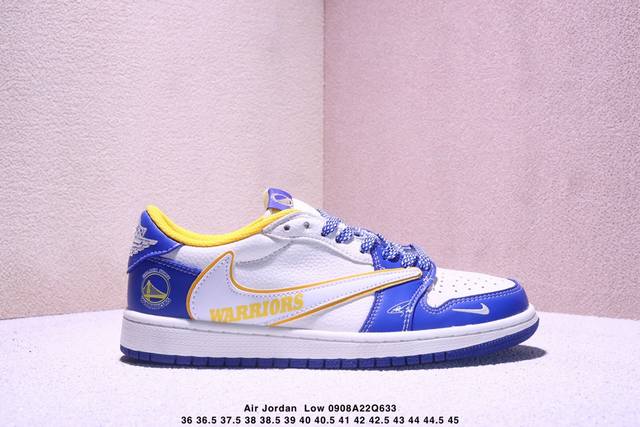 公司级 时尚元素X Jordan Air Jordan Low 倒勾 “金州勇士-联名''，经典蓝白黄配色，融合了Travis Scott 独特的潮流风格，个性