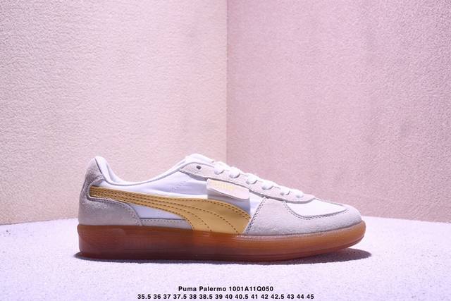 puma palermo 黑白 舒适百搭低帮德训板鞋 孔眼底座和脚趾凸起由绒面革材料制成 支持侧踏时的踏步工作 脚背和侧板采用尼龙网布 即使在健身房等使用环境中