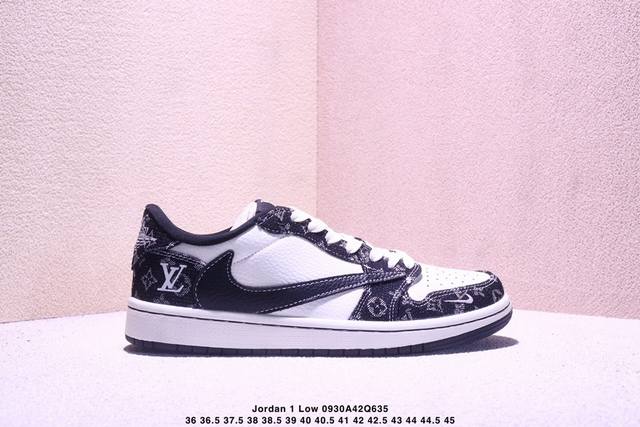 高端定制 Travis Scott X Jordan 1 Low Lv联名-白黑牛仔 倒勾低帮休闲版本 原厂全头层皮 大厂纯原品质出货 纯正版型 定制鞋盒 皮料